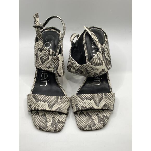 CALVIN KLEIN Women's Black-White Qeelin Snake Square-Toe Heeled Sandals SZ 6.5 - Picture 1 of 13
